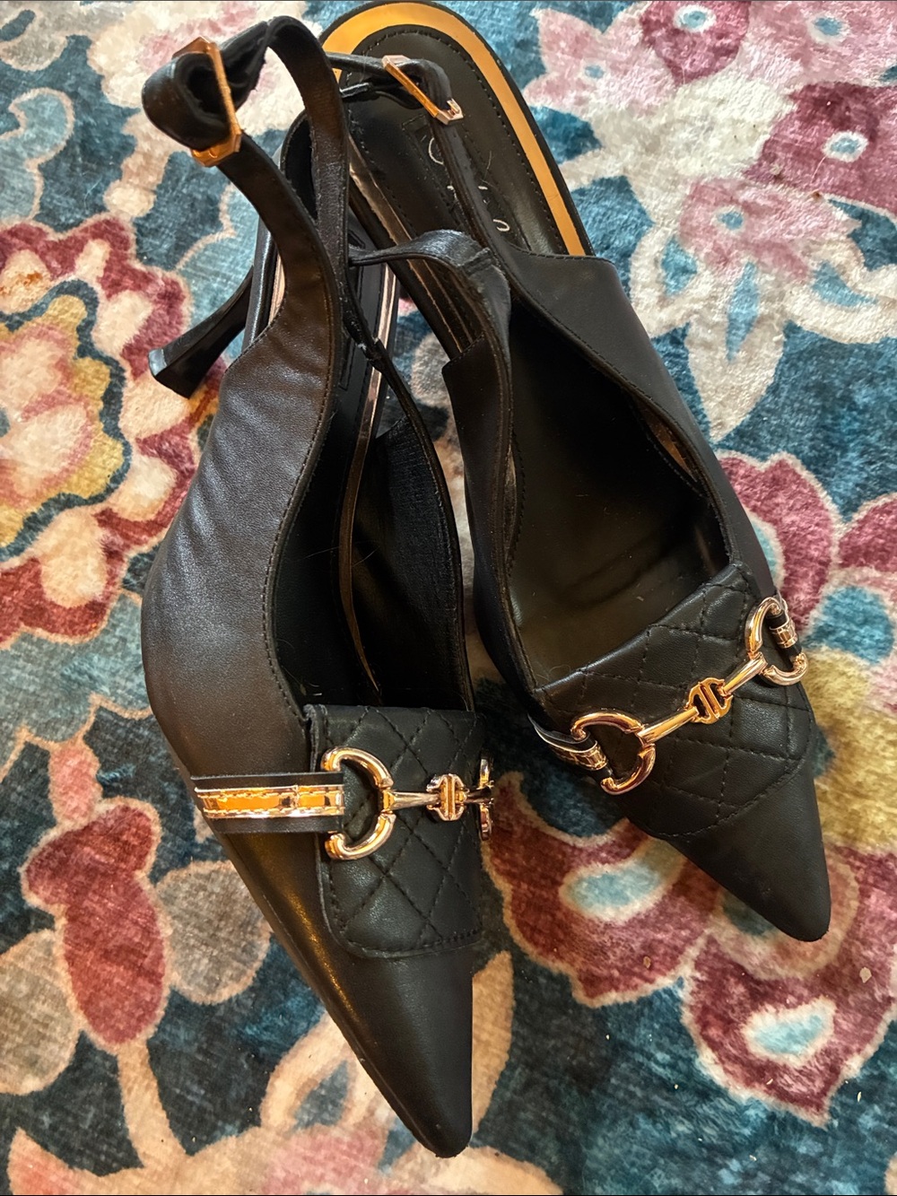 Black Quilted Pointed-Toe Slingback Heels with Gold Horsebit Hardware 9